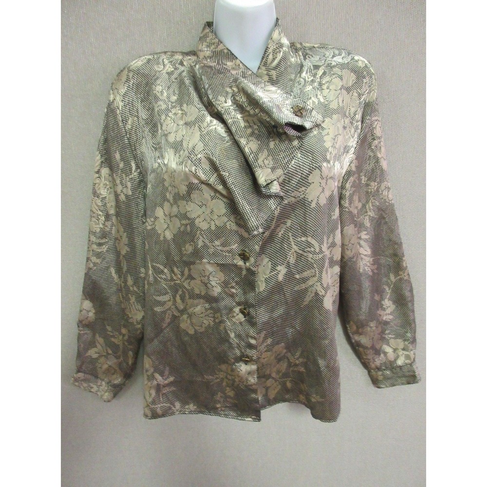 Vintage Michelle Stuart Blouse Size 12 Tiered Neckline Gold & Black Floral